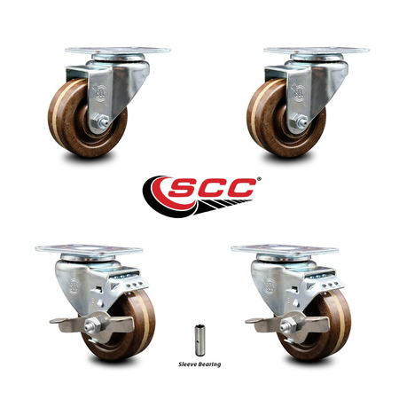 Service Caster 3 Inch High Temp Phenolic Wheel Swivel Top Plate Caster Set with 2 Brakes SCC SCC-20S314-PHSHT-TP2-2-TLB-2